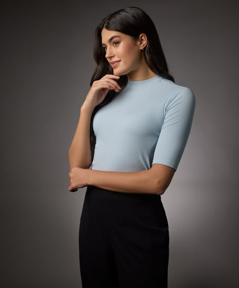 Short Sleeve High Neck Rib Top- Pale Blue